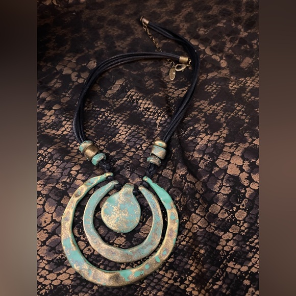 Artisan Green and Gold Statement Necklace - Picture 4 of 6